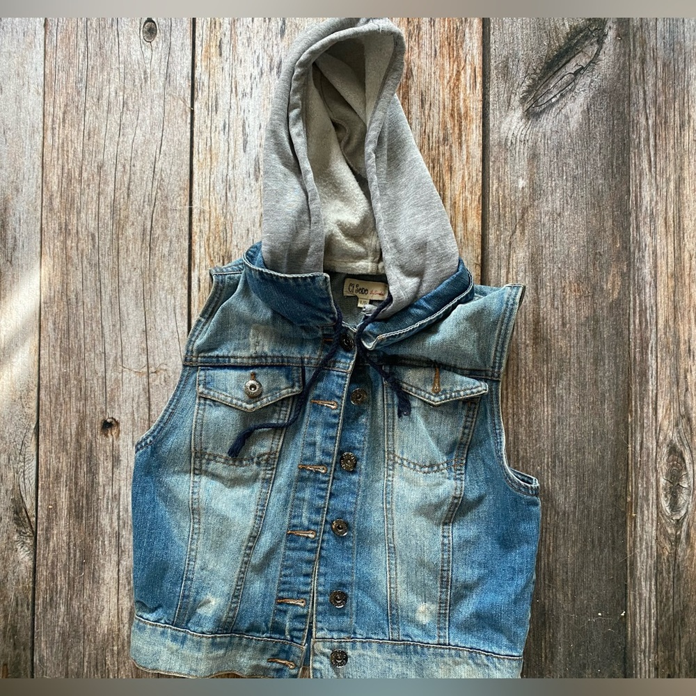 Denim cropped vest jacket and hoodie
